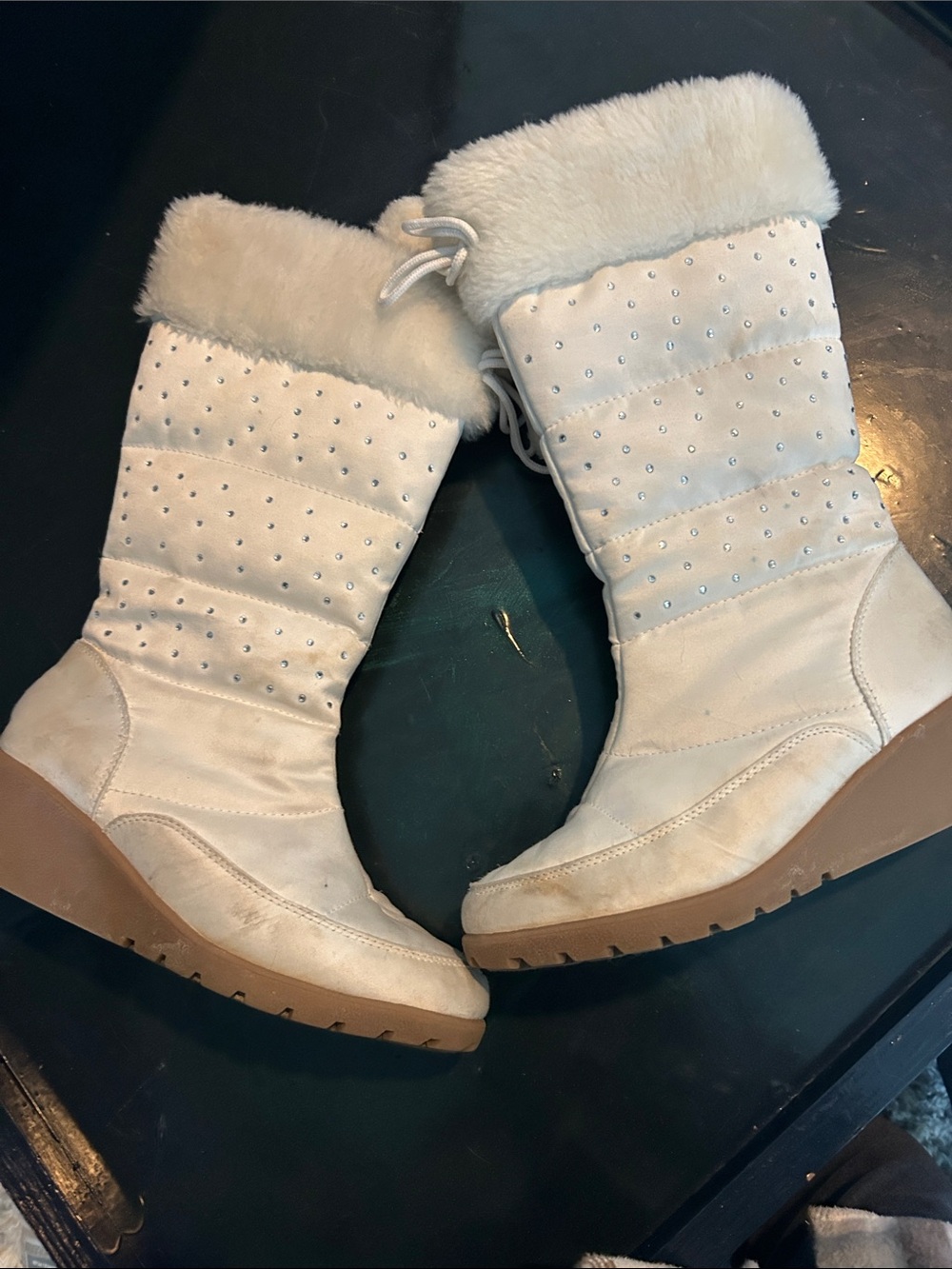 Fay Cream Faux-Fur Studded Wedge Kids Boots